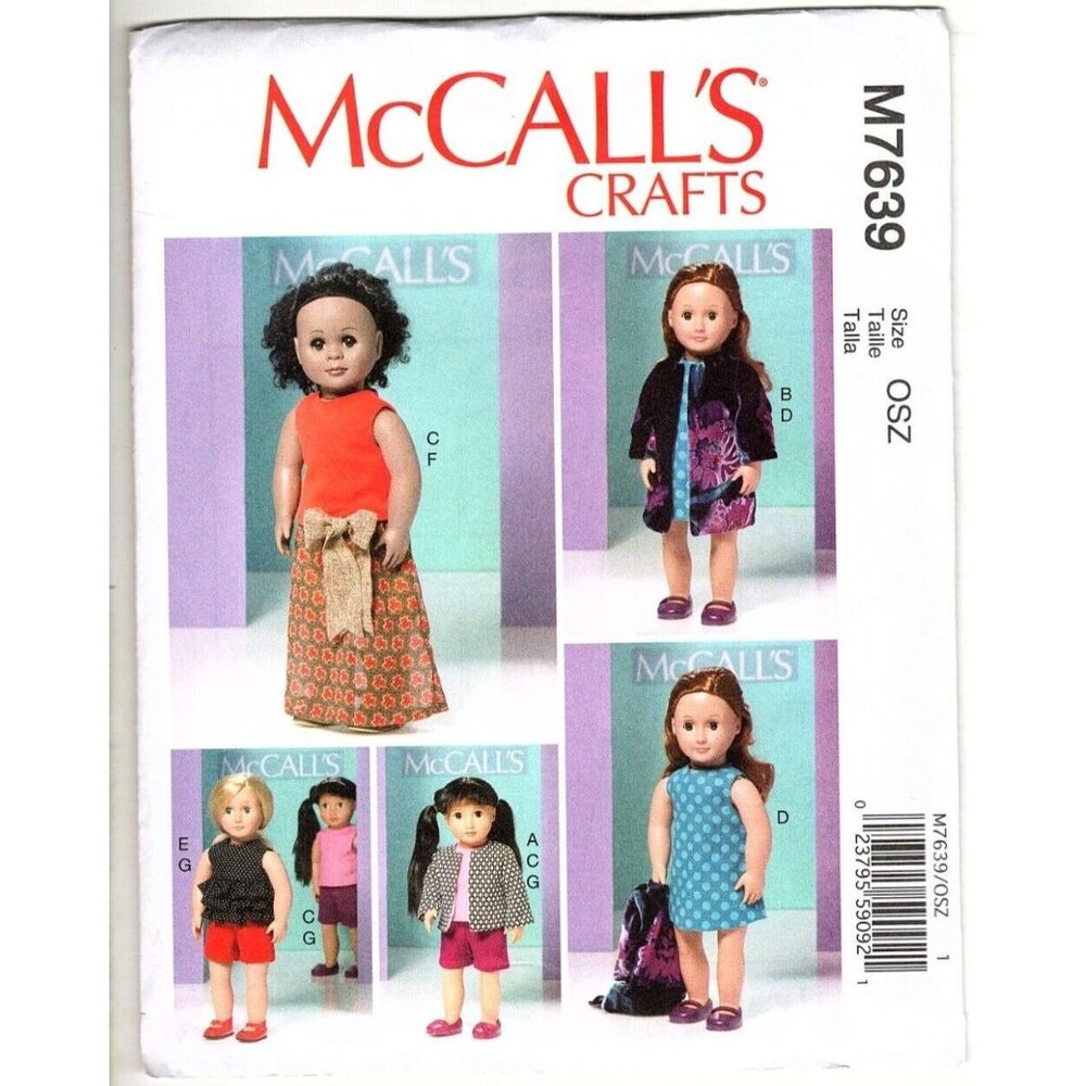 McCall's Crafts M7639 18 inch Doll Top, Shorts, Coat, Dress Uncut Sewing Pattern
